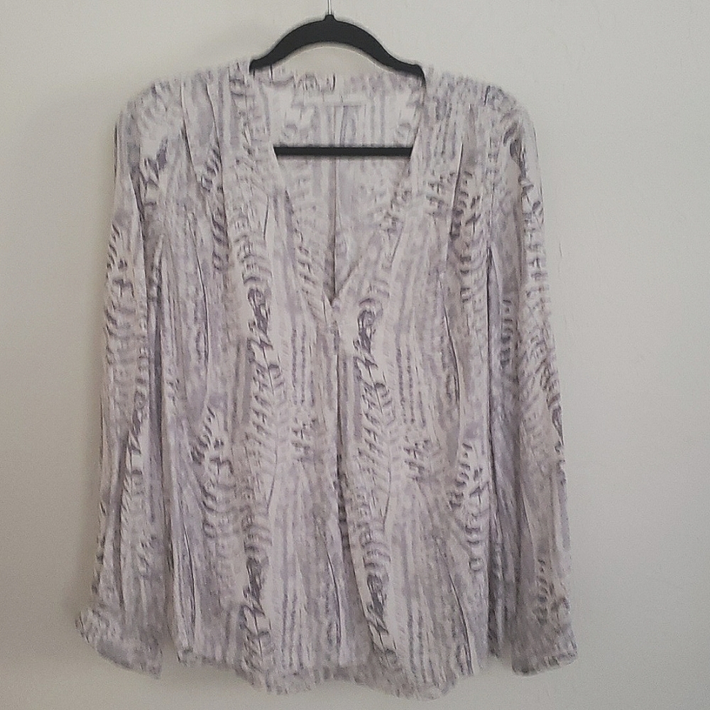 Joie Medium Gray White Silk V- neck Tunic Pullover Blouse